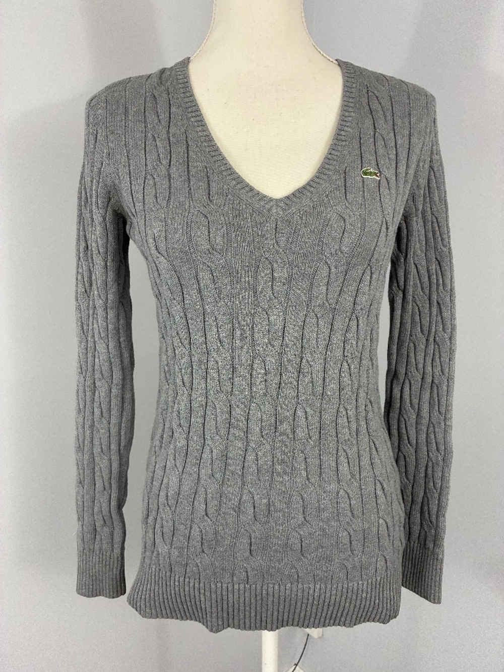 Lacoste Cable Knit Sweater M Gray V-Neck Alligator Logo Fisherman Pullover